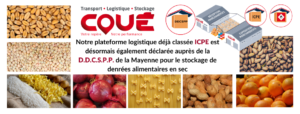 Notre plateforme logistique déjà classée ICPE est désormais également déclarée auprès de la D.D.C.S.P.P. de la Mayenne pour le stockage de denrées alimentaires en sec