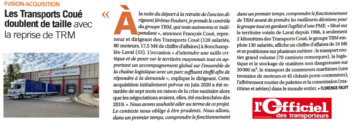 L'Officiel des Transporteurs write an article about the alliance of Transports Coué and the TRM Group